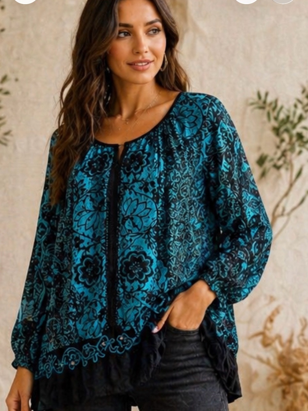 Krista Lee Teal and Black Floral Blouse‎ XL bohemian flowy